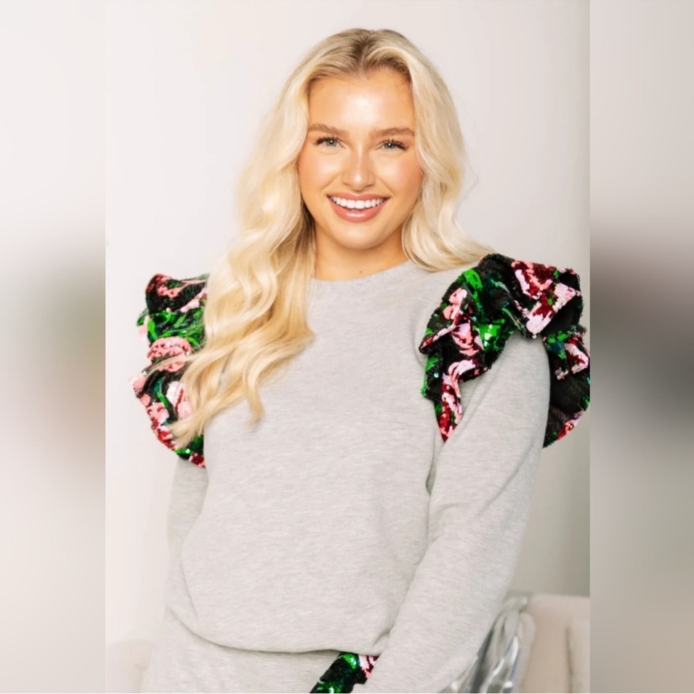Queen of Sparkles Sequin Floral Ruffles Sleeves Grey Pullover Sweatshirt Size XS